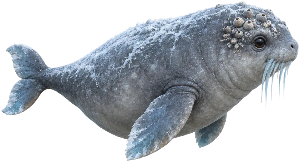 Fogcalf, Rimebeast muda sebesar sekoci, gemuk dan abu-abu, dengan kumis es pendek dan mata gelap yang penasaran.
