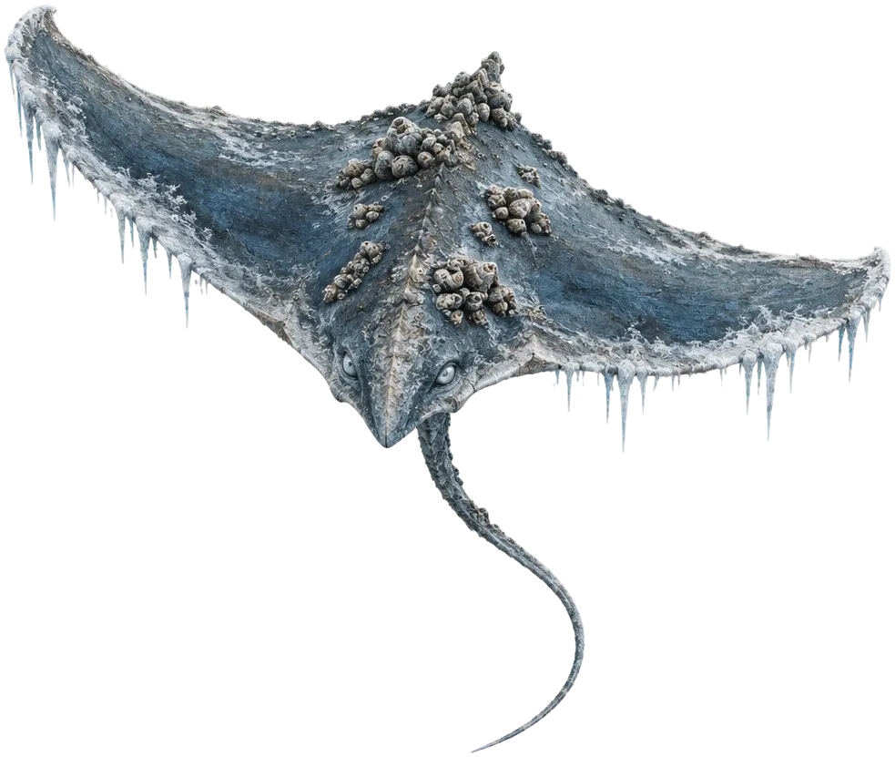 The Knotted Ray, Rimebeast pipih seperti pari raksasa dengan sayap bertepi es dan simpul teritip di punggung, melayang rendah di atas ombak.