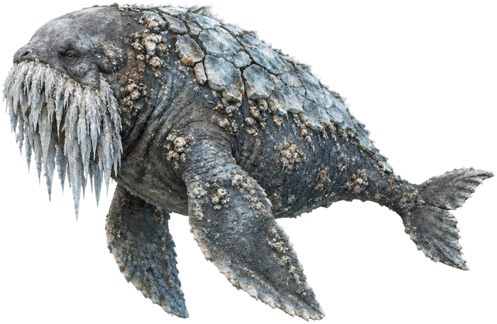 Saltbeard, Rimebeast sebesar kapal kecil dengan kepala bulat, janggut tebal dari es dan garam beku, dan punggung berlapis teritip, setengah terendam di air.